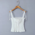 White Lace Trim Crop Top With Ribbon Bow Collar