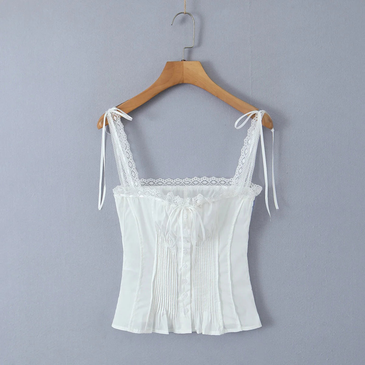White Lace Trim Crop Top With Ribbon Bow Collar