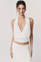 Backless Halter Wrap Sleeveless Top Deep V-Neck Gathered Hem Set