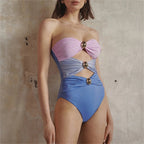 Off Shoulder Patchwork Belted One Piece Swimsuit With Cover Up for Beachside