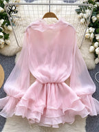 Boho 3D Floral Chiffon Sundress With Long Sleeves Lace Up Ruffle Detail