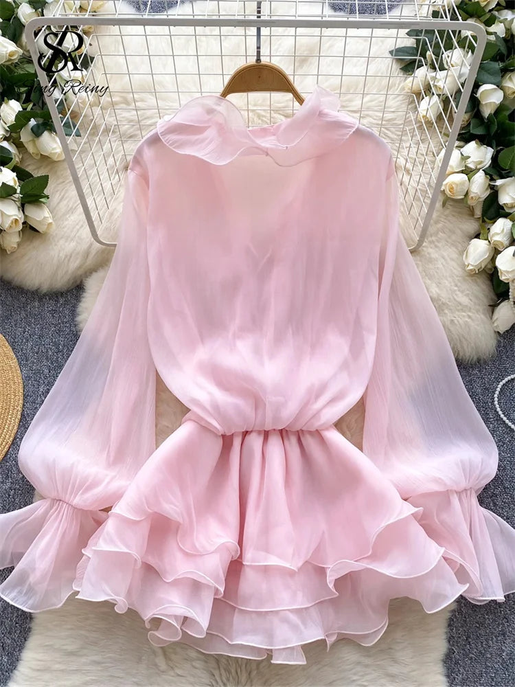 Boho 3D Floral Chiffon Sundress With Long Sleeves Lace Up Ruffle Detail
