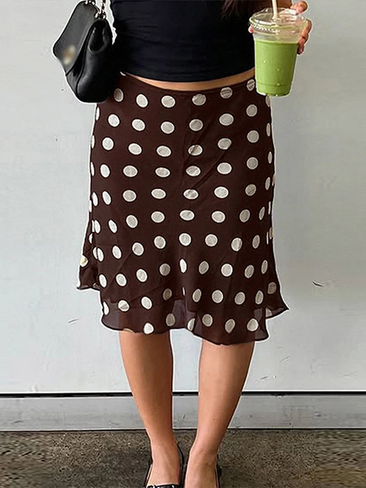 Polka Dot Satin Mesh Midi Skirt With High Waist A Line