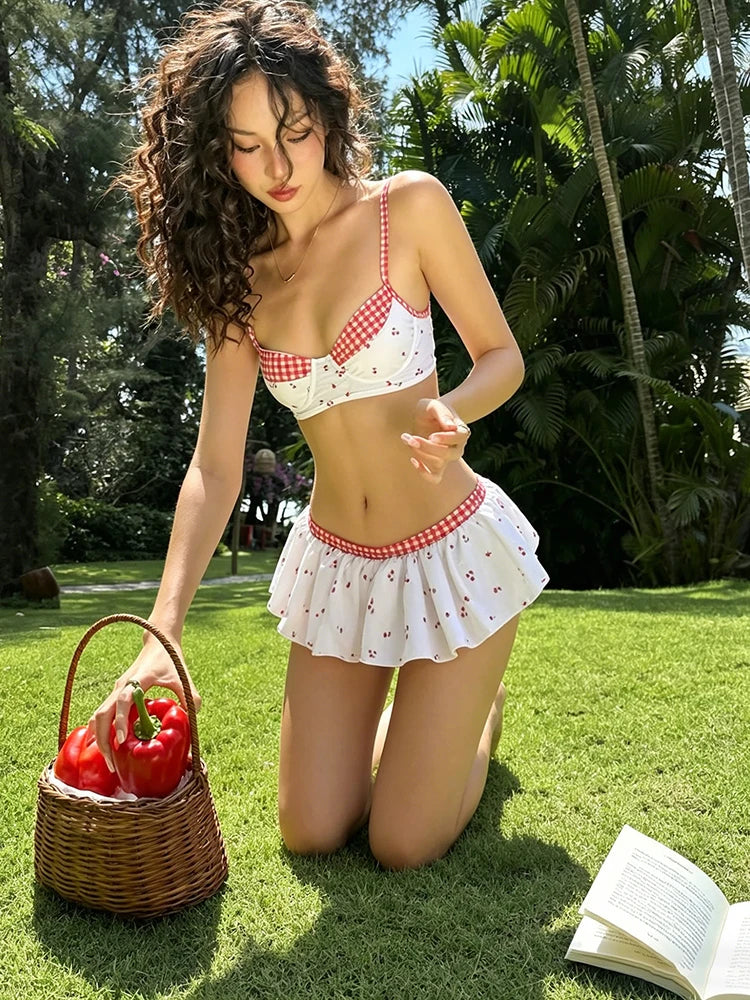Cherry Plaid Y2K Backless Crop Top Skirt Set