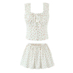 Radiant Bow Accent Ruched Bust Tank Top With Open Button Front And Rope Laced Waist Mini Skirt Set