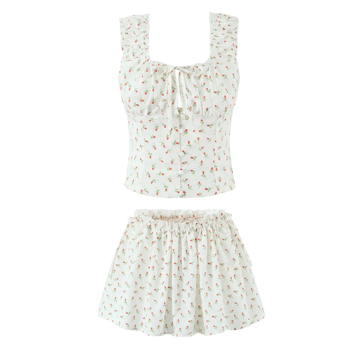 Radiant Bow Accent Ruched Bust Tank Top With Open Button Front And Rope Laced Waist Mini Skirt Set