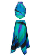 Print Two Piece Beach Set With Sexy Halter Top And High Waist A Line Skirt