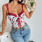 Floral Cami Top With Lace Trim Underwire Bandage Fishbone Backless Corset