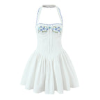Backless Halter Embroidered White Dress For Women Elegant A Line Mini Dress