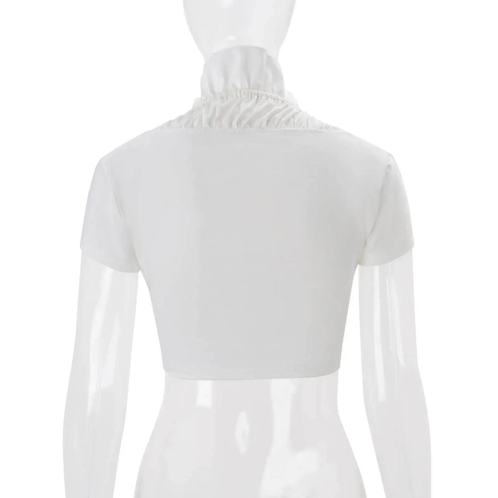 Sexy Deep V Neck Ruched White Crop Top With Ruffles And Lace Up Short Sleeves