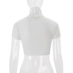 Sexy Deep V Neck Ruched White Crop Top With Ruffles And Lace Up Short Sleeves