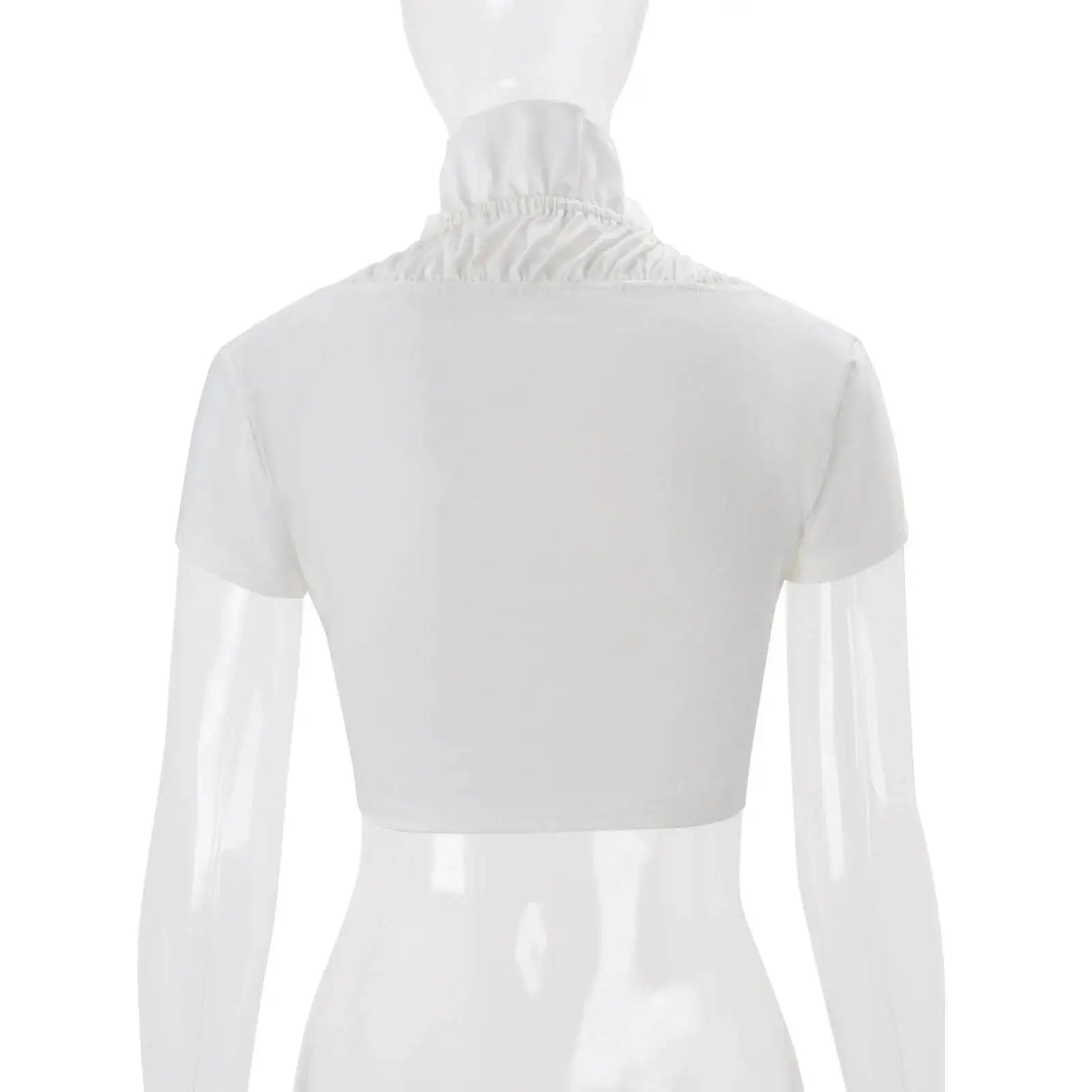 Sexy Deep V Neck Ruched White Crop Top With Ruffles And Lace Up Short Sleeves