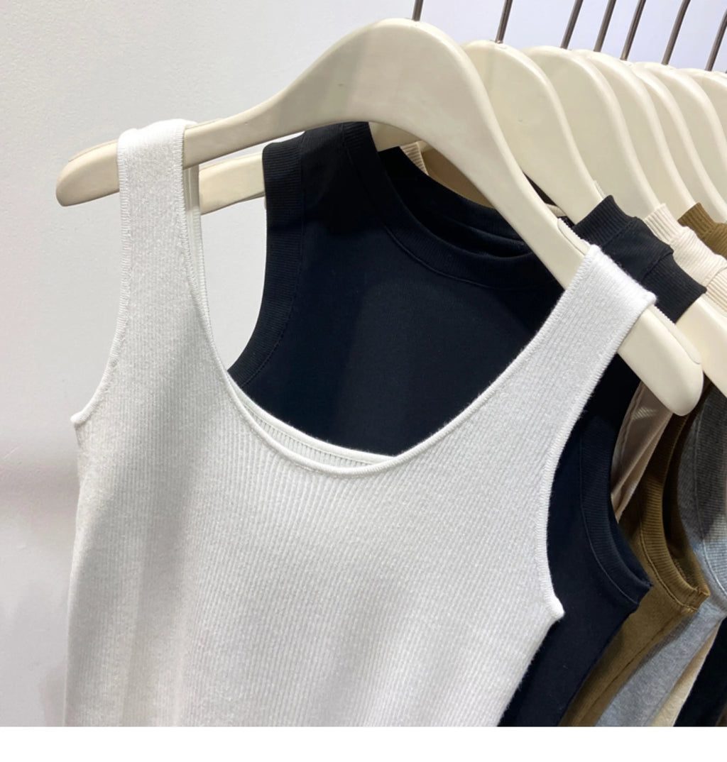 Knitted Strap Top With Clavicle Square Collar