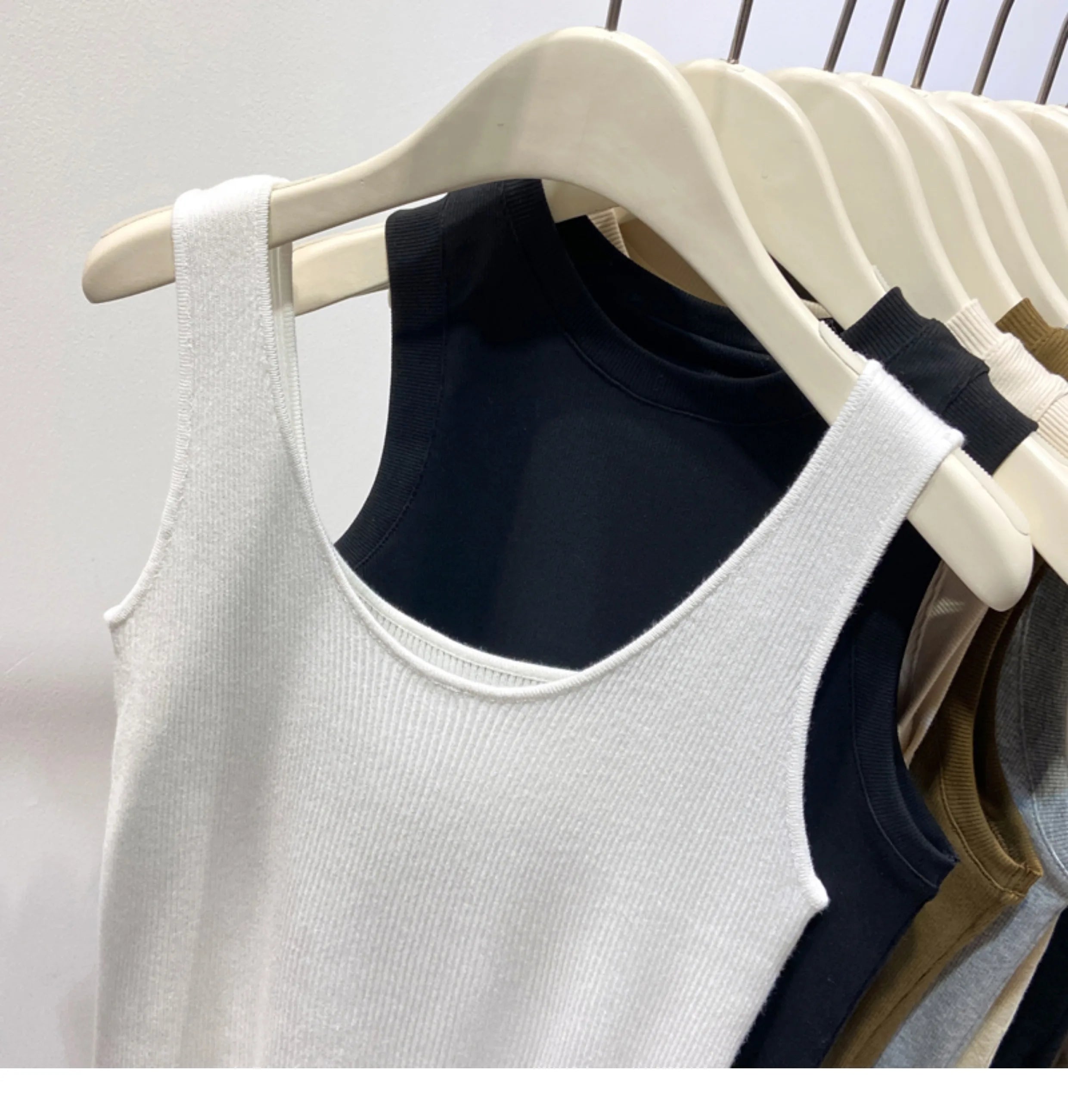 Knitted Strap Top With Clavicle Square Collar