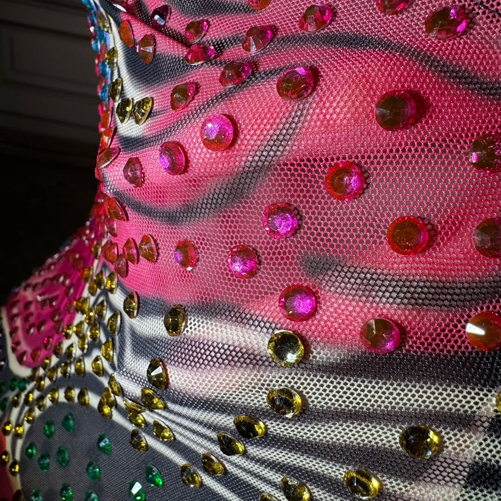 Plus Size Glam Night Sheer Mesh Dress With Colorful Rhinestones