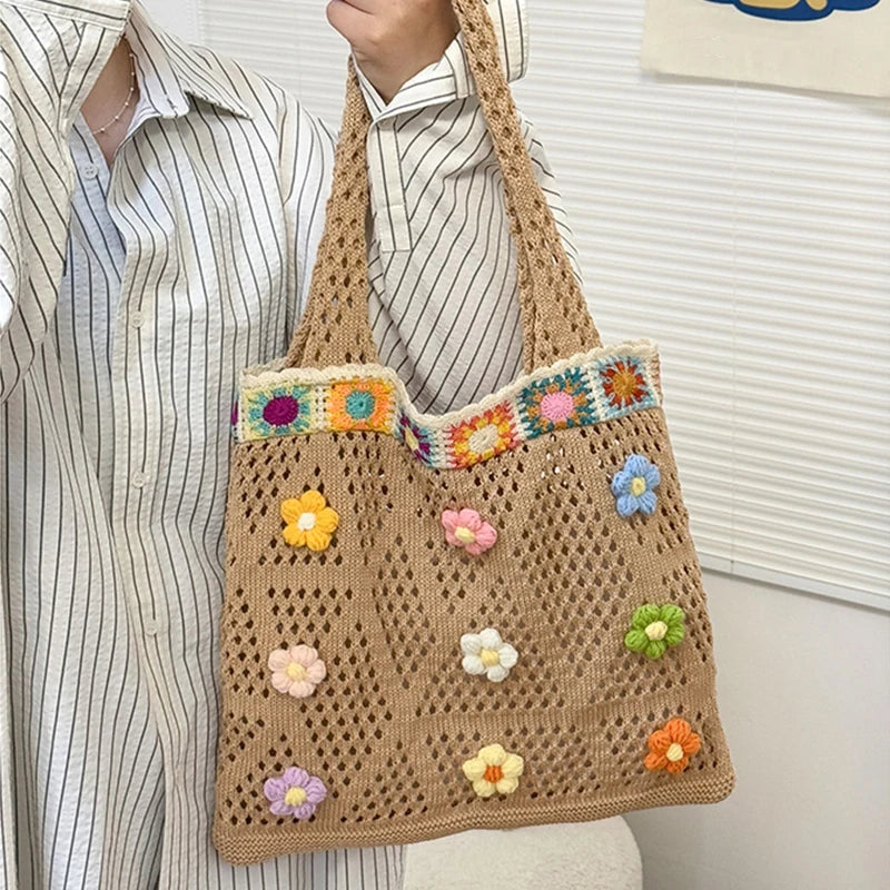 Boho Knitting Shoulder Bag With Floral Crochet