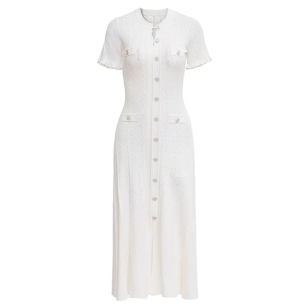 Knit Ribbed Bodycon Midi Dress With O Neck And Short Sleeves