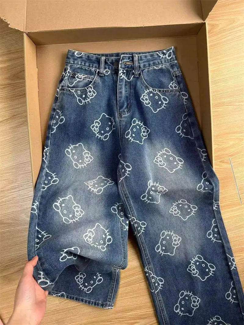 Kawaii Cartoon Print High Waist Wide Leg Jeans