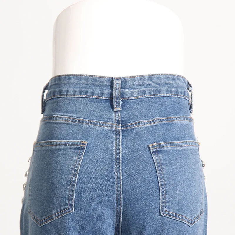 Glimmering Rhinestone Patchwork Denim With Loop Detail For A Chic Straight Leg Silhouette