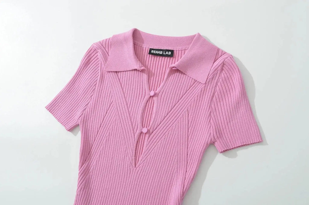 Knit Turn Down Collar Pullover For Women Slim Stretch Short Sleeve Top