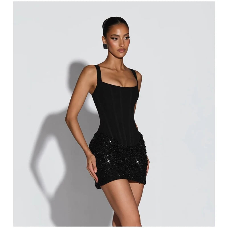 Sequin Patchwork Sling Mini Dress Off Shoulder Backless Waist Cinching Party Gown