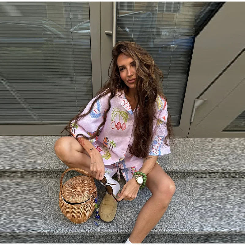Dreamy Abstract Print Camp Collar Shirt And Shorts Matching Set