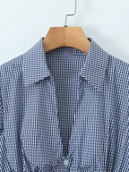 Vintage Lapel Collar Puff Sleeve Lace Patchwork Sweet Plaid Single Breasted Blouse