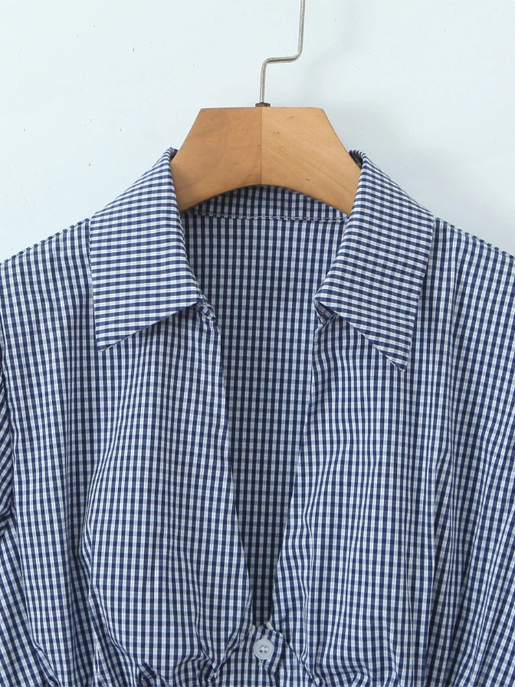 Vintage Lapel Collar Puff Sleeve Lace Patchwork Sweet Plaid Single Breasted Blouse