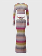 Contrast Print Crop Top And Fish Tail Long Sleeve Skirt Set Two-piece