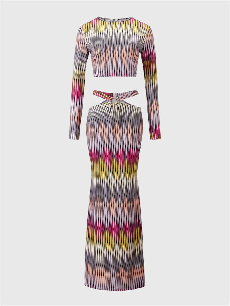 Contrast Print Crop Top And Fish Tail Long Sleeve Skirt Set Two-piece