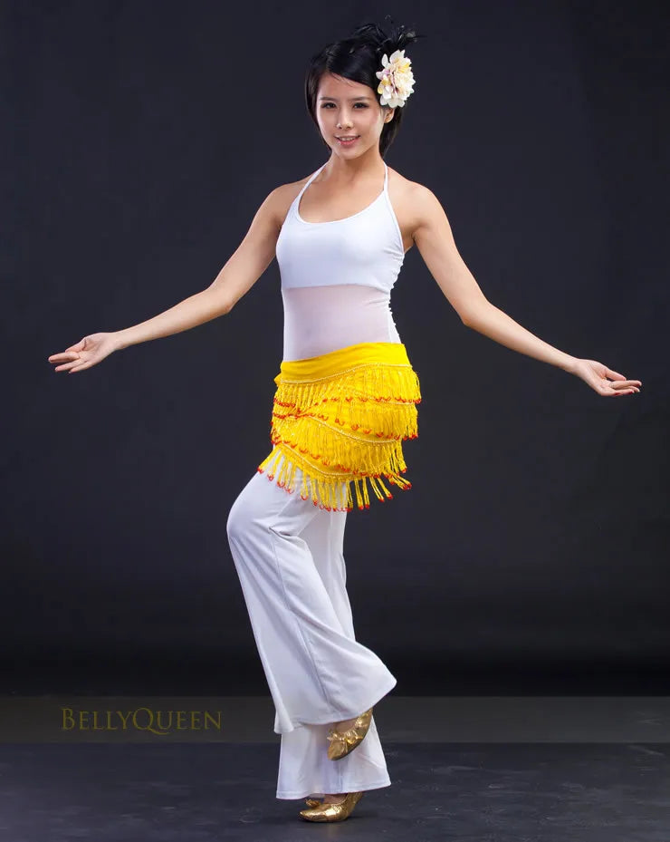 Handmade Beaded Belly Dance Hip Scarf With Lace Up Chiffon Base Fringes Belt
