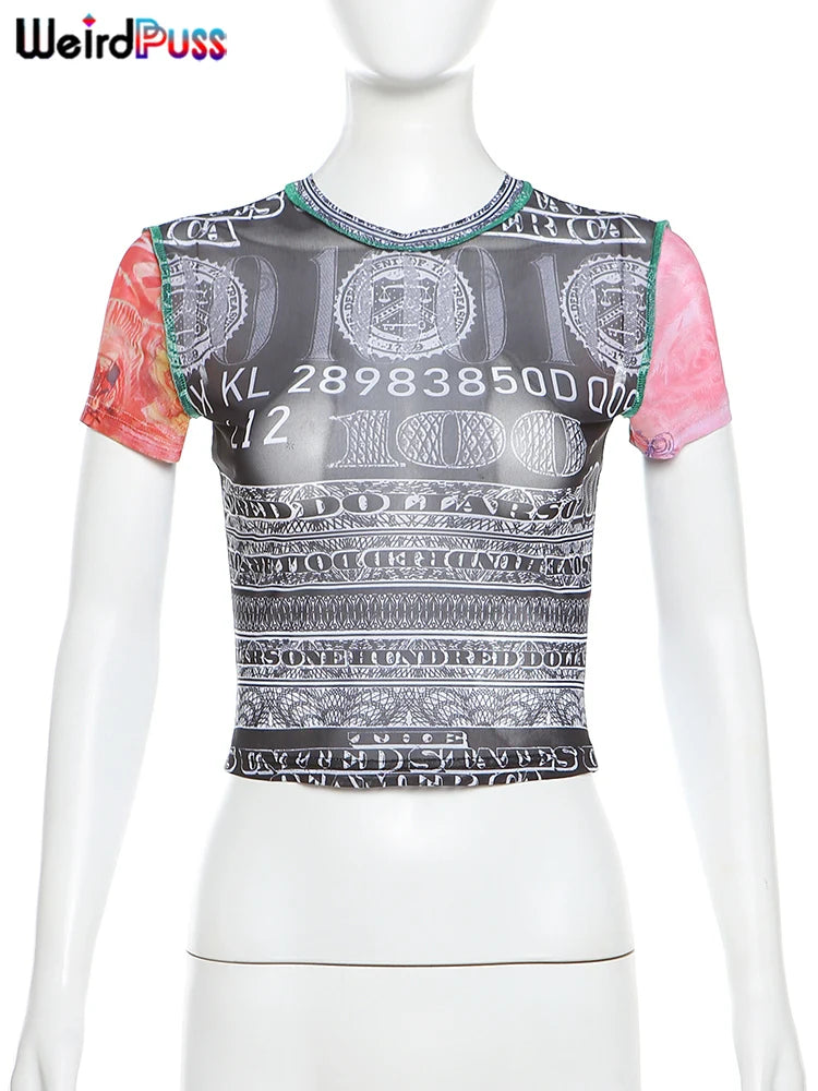 See Through Patchwork Crop Top With Numeral Print Short Sleeves