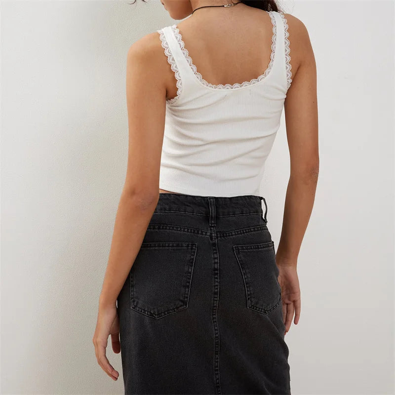 Coquette Lace Trim Knit Crop Top With Bow Sleeveless Square Collar