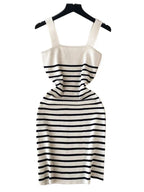Blue Striped Knit Sundress With Wide Straps Square Neck Bodycon