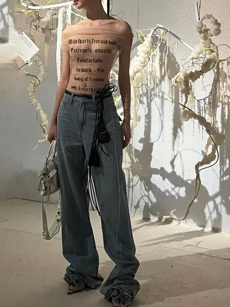 Midnight Letter Print Mesh Patchwork Top With Backless Design For Women Streetwear Mood