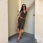 Polka Dot Satin Mesh Midi Skirt With High Waist A Line