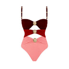 Off Shoulder Patchwork Belted One Piece Swimsuit With Cover Up for Beachside