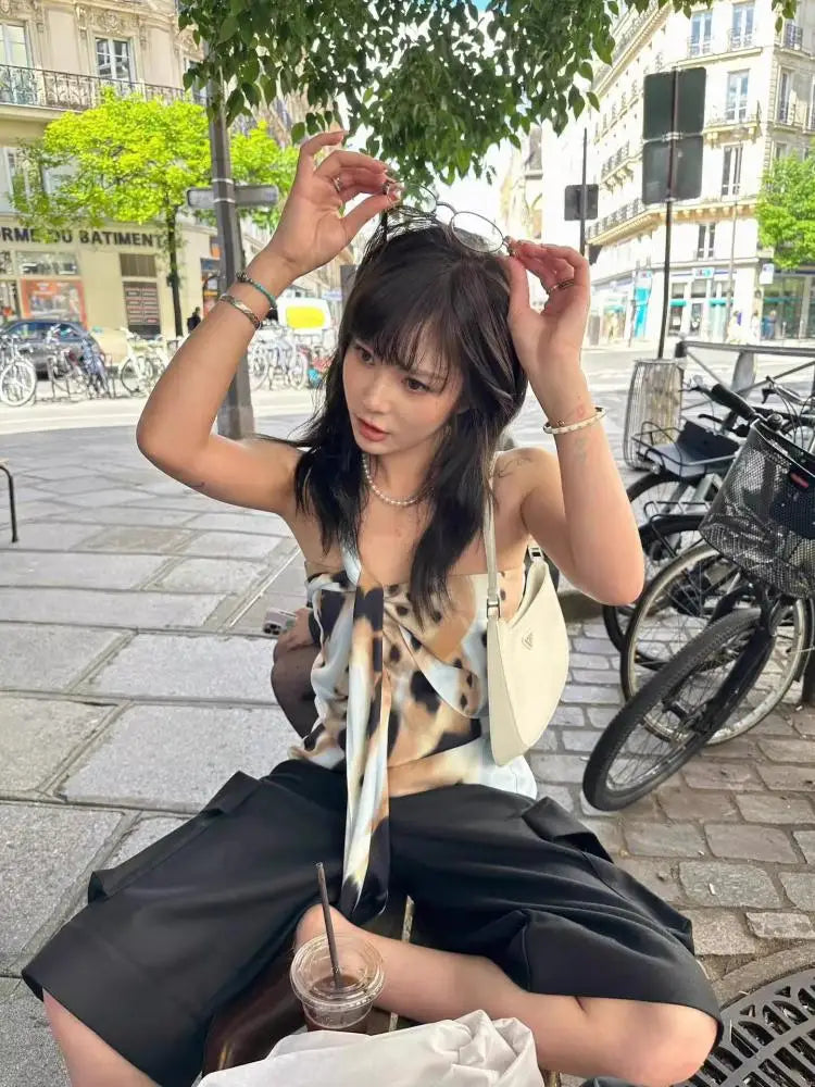 Boho Strapless Camisole Top With Knot Ribbon Patchwork Off Shoulder Tank