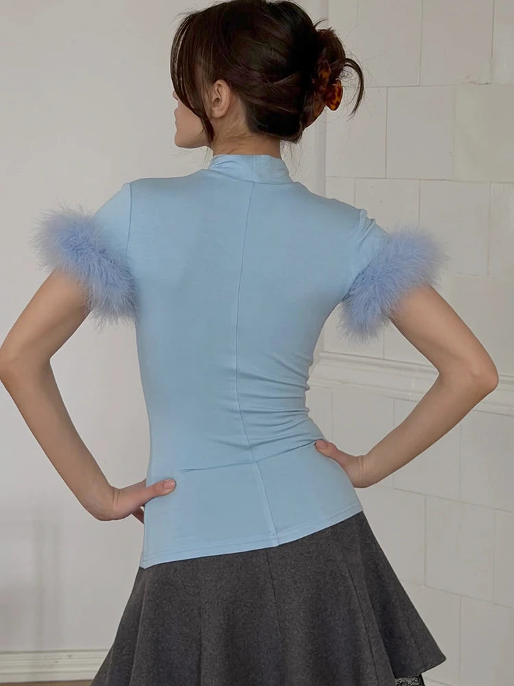 Patchwork Feather Sleeve Turtleneck Top Short Sleeve Tee