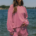 Cozy Striped Knit Lounge Set With Oversized Top And Shorts For Relaxed Comfort Everyday