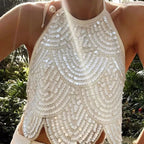 Backless Halter Sequin Crop Top Sparkly Sleeveless Glitter Camisole