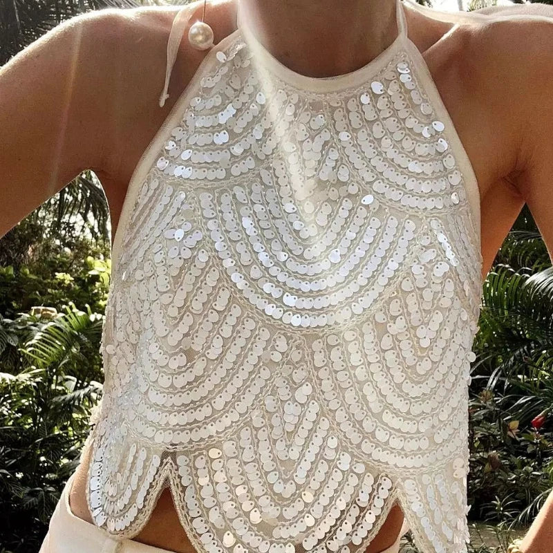 Backless Halter Sequin Crop Top Sparkly Sleeveless Glitter Camisole