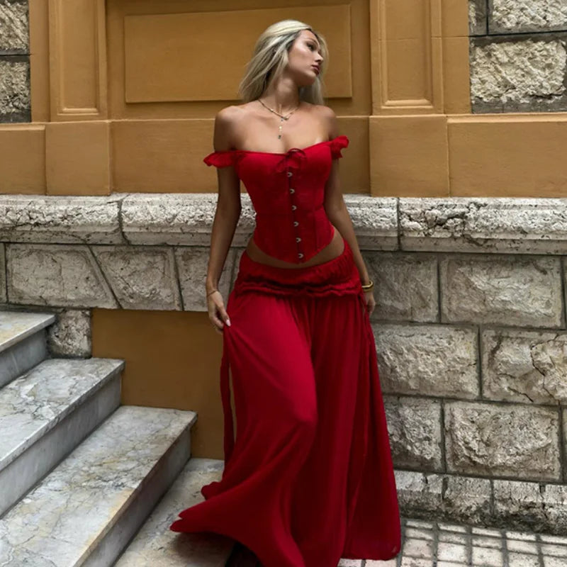 Boho Corset Two Piece Set With Lace Crop Top And Flowy Maxi Skirt