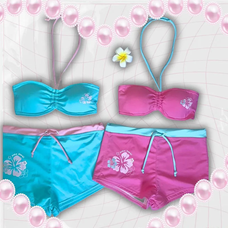 Tropical Floral Swimsuit Set With Neck Tube Top And Drawstring Shorts For Beach Leisure