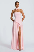 Elegant Off-Shoulder Evening Gown With Patchwork Pleats And Scarf Neck High Split Long Dress