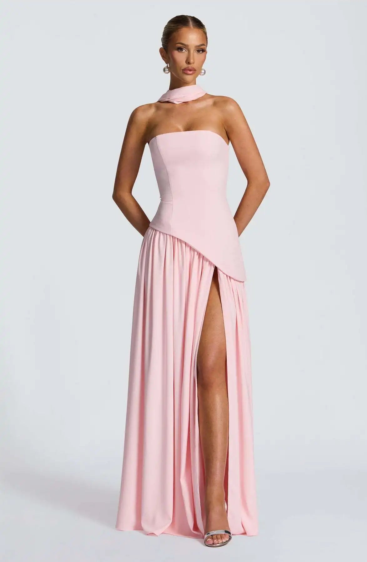 Elegant Off-Shoulder Evening Gown With Patchwork Pleats And Scarf Neck High Split Long Dress
