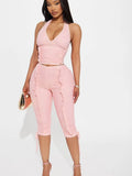 Ruched Halter Crop Top And Capri Pants Two-piece Set