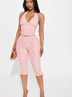 Ruched Halter Crop Top And Capri Pants Two-piece Set