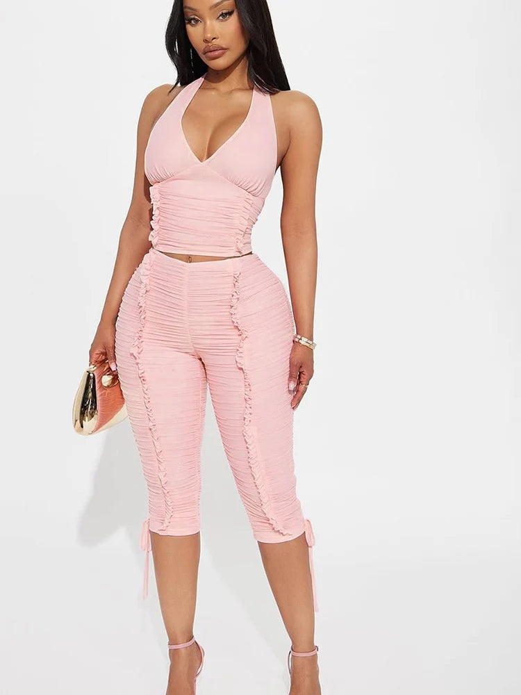 Ruched Halter Crop Top And Capri Pants Two-piece Set