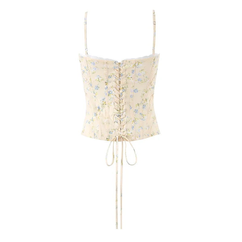 Sunlit Yellow Floral Corset Top With Lace Trim And Delicate Spaghetti Straps